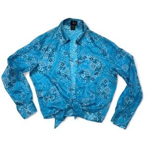 ‼️SOLD‼️ Aqua Blue Vintage Silk Paisley Collared Tie Blouse Top